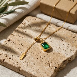 Vintage Emerald Initial Necklace - 18K Gold Plated Square Pendant