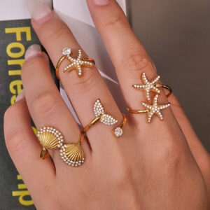 Golden Starfish & Shell Adjustable Ring - 18K Gold Plated Waterproof
